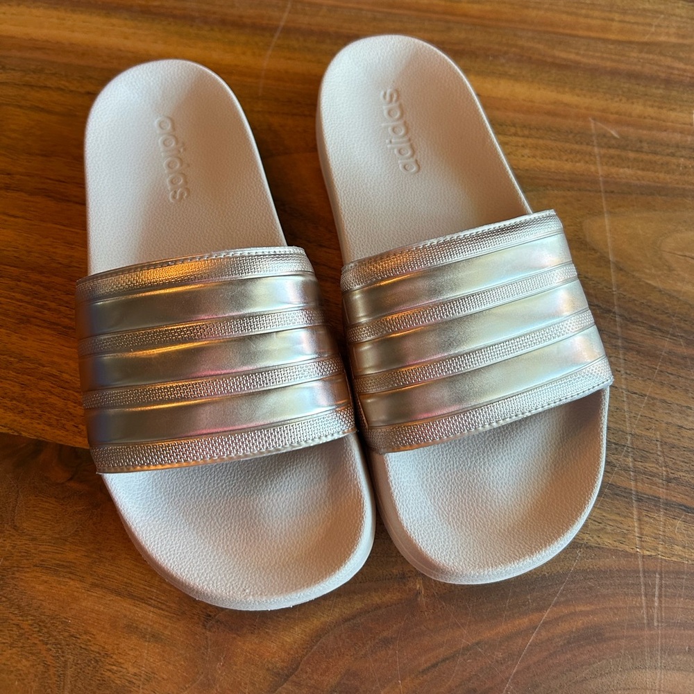 Adidas Blush pink metallic slides, women’s 8